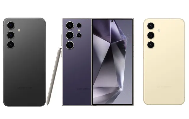 Zleva Galaxy S24, Galaxy S24 Ultra a Galaxy S24 Plus