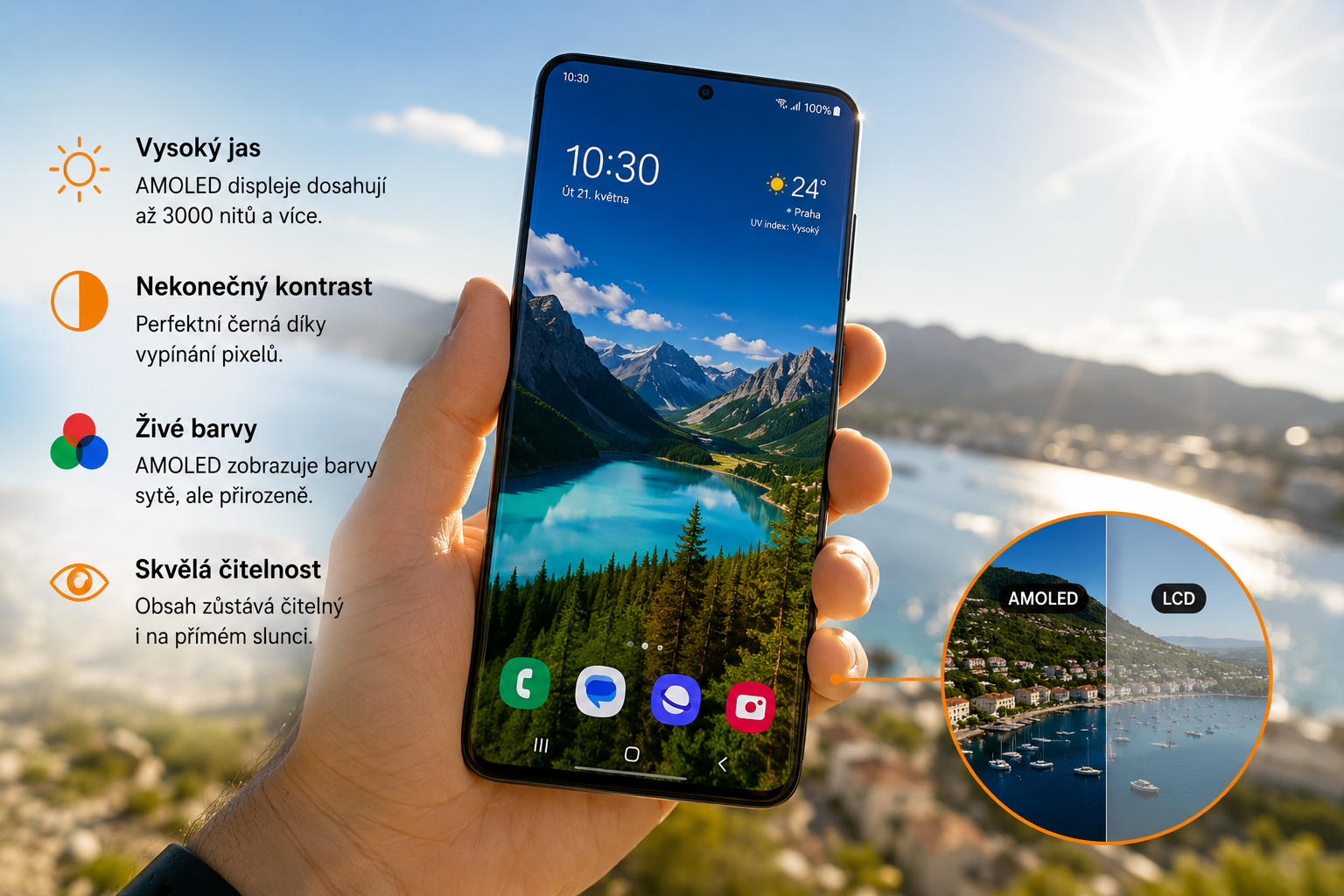 AMOLED displej na slunci