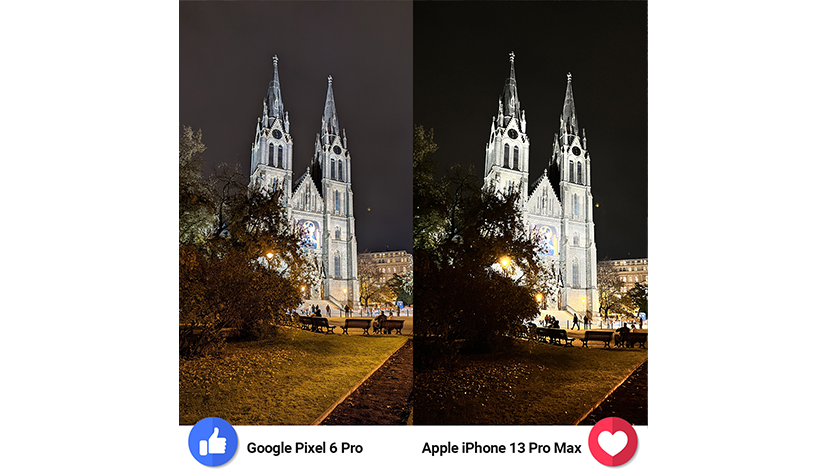 Porovnání Pixel 6 Pro vs iPhone 13 Pro Max noční fotografie