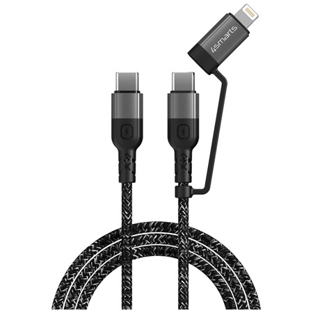 4smarts ComboCord USB-C / USB-C s redukcí Lightning, 1.5m 60W opletený černý kabel