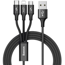 Baseus Rapid 3v1 USB/microUSB, USB-C, Lightning, 1.2m opletený černý kabel