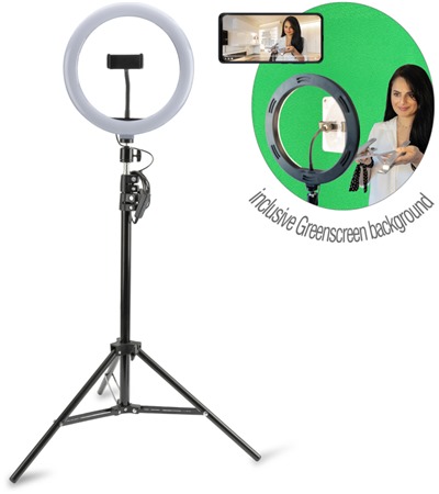 4smarts LoomiPod XL tripod kruhov svtlo s LED osvtlenm 173cm ern + 2x3m green screen pltno