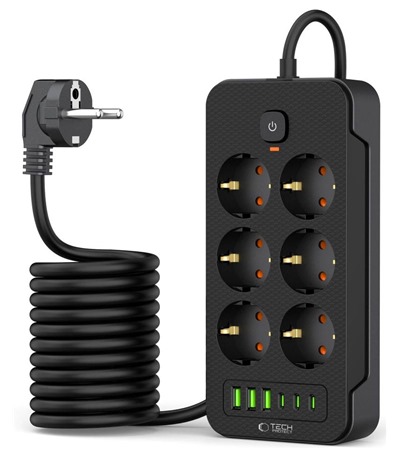 Tech-Protect PC6X6 prodluovac kabel 2m 6x zsuvka, 3x USB-A 3x USB-C ern