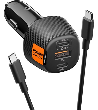 Spigen Essential 113W nabjeka do auta s podporou QC 3, PD, PPS a kabelem 1m ern (EV1133) Tech-Protect PC6X6 prodluovac kabel 2m 6x zsuvka, 3x USB-A 3x USB-C 
