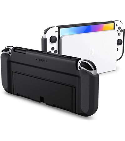 Spigen Thin Fit zadn kryt se stojnkem pro Nintendo Switch OLED ern