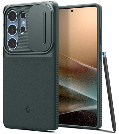 Spigen Optik Armor zadn kryt s krytkou kamery pro Samsung Galaxy S25 Ultra zelen