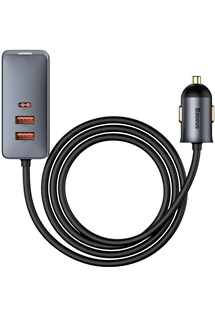 Baseus Share Together 120W PD / PPS nabíječka do auta s výstupem 1x USB-C, 3x USB-A a prodlužovacím kabelem šedá