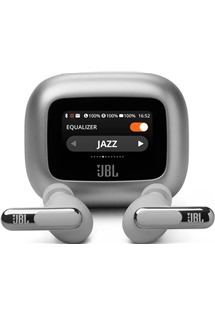 JBL Live Beam 3 bezdr�tov� sluch�tka s dotykov�m displejem a potla�en�m hluku st��brn�