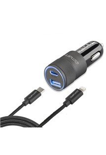 4smarts Rapid+ 27W USB/USB-C rychlonabíječka do auta s USB-C/Lightning kabelem 1m černá