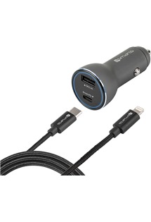4smarts 48W Fast Charge Set autonabíječka, USB-C / Lightning, 1m opletený čený kabel Mfi