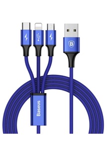 Baseus Rapid 3v1 USB / micro USB, USB-C, Lightning, 1.2m opletený modrý kabel