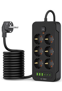 Tech-Protect PC6X6 prodluovac kabel 2m 6x zsuvka, 3x USB-A 3x USB-C ern